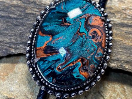 Large bolo tie with hand painted turquoise and copper stone Fashion