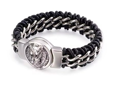 Heavy duty black and silver leather bracelet with stainless steel wolf For Cheap