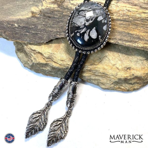 Large Black and Platinum bolo tie with our hand painted stone Discount