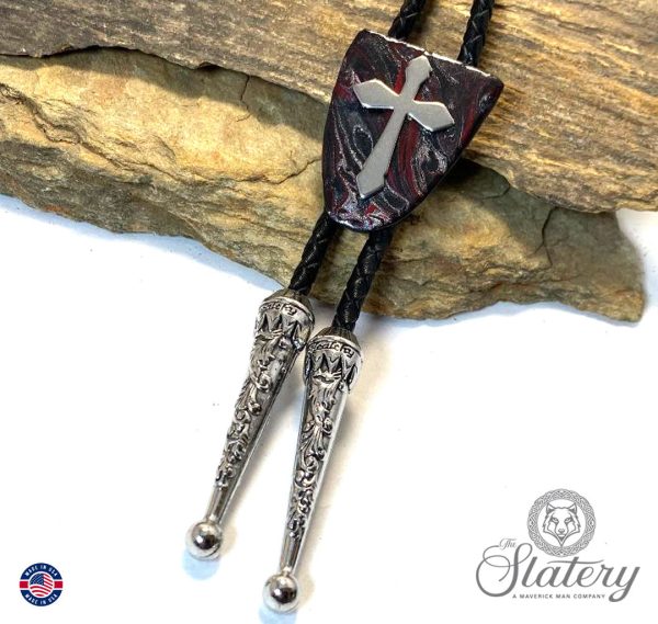 Red and black slate bolo tie w stainless steel cross Online Sale