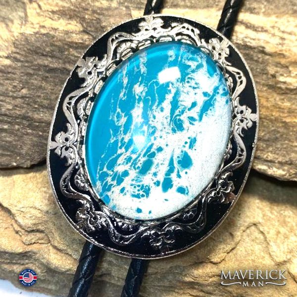 Large bolo tie with hand painted turquoise and silver stone Hot on Sale