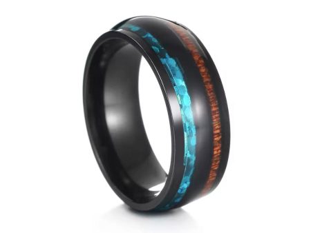 Good looking wood and faux fire opal ring in black tungsten For Discount