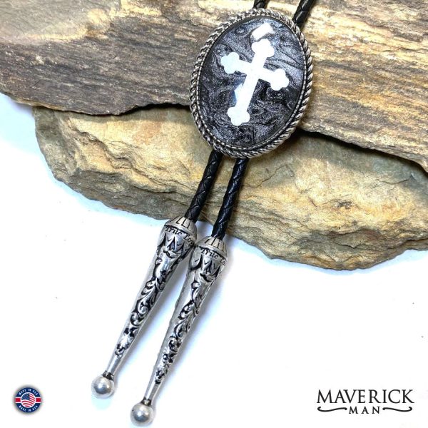 Twisted silver cross bolo hand painted stone For Cheap