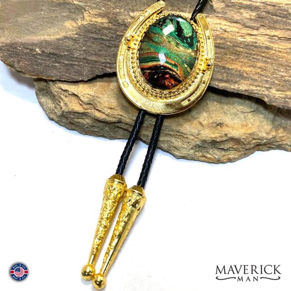 Golden Horseshoe bolo tie with hand painted stone on Sale