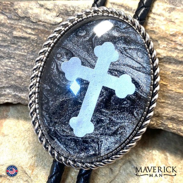 Twisted silver cross bolo hand painted stone For Cheap