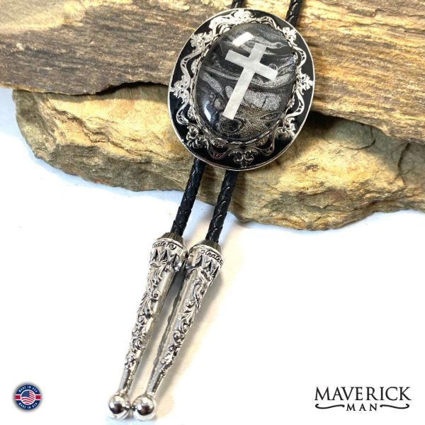 Dressy silver and black filigree cross bolo with hand painted stone For Sale