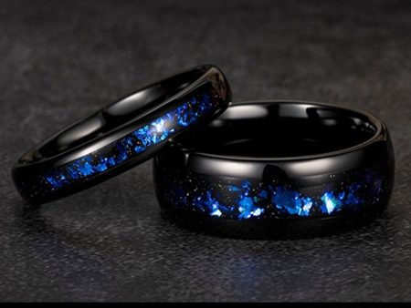 Black plated tungsten ring with blue nebula inlay Cheap