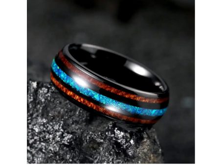 Good looking double wood and faux fire opal ring in black stainless steel Online now