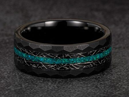 Black plated tungsten ring with faux meteorite and turquoise green opal inlays Supply