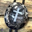 Dressy silver and black filigree cross bolo with hand painted stone For Sale