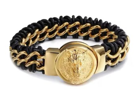 Heavy duty black and gold leather bracelet with stainless steel wolf Online Hot Sale