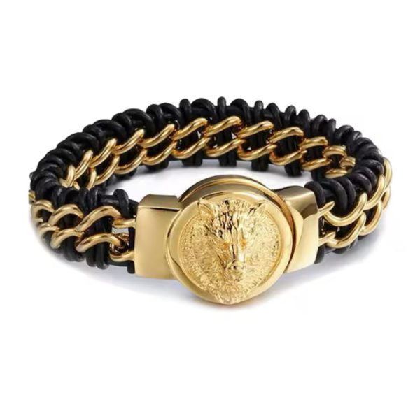 Heavy duty black and gold leather bracelet with stainless steel wolf Online Hot Sale