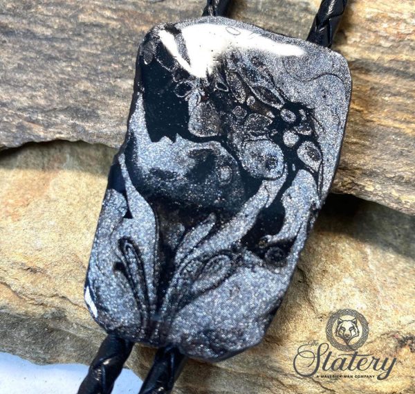 Hand painted slate bolo tie with Black and Platinum on Sale