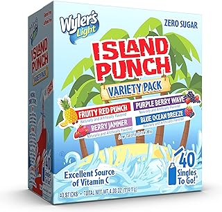 Wyler s Light Island Punch Singles to Go, Variety Pack, Fruity Red Punch, Purple Berry Wave, Berry Jammer and Blue Ocean Breeze, 1 Box (40 Single Servings) Fashion