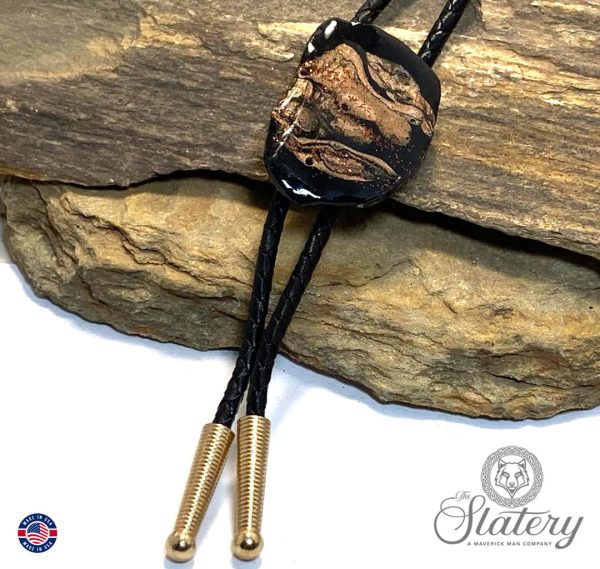 Hand painted slate bolo tie with copper accents For Sale