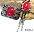 Red and black bolo tie and buckle set with our special hand painted stones For Sale