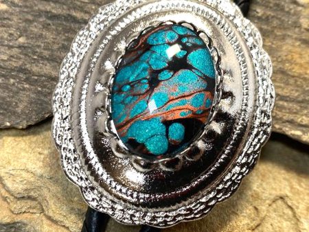 Turquoise and copper hand painted stone in concho bolo tie Online now