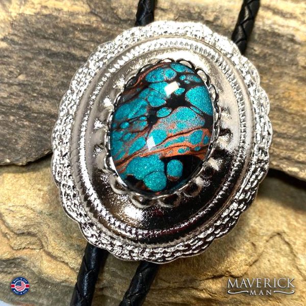 Turquoise and copper hand painted stone in concho bolo tie Online now