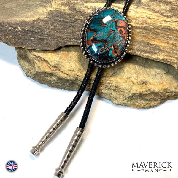 Large bolo tie with hand painted turquoise and copper stone Fashion