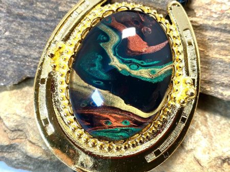 Golden Horseshoe bolo tie with hand painted stone in green earthtones Discount