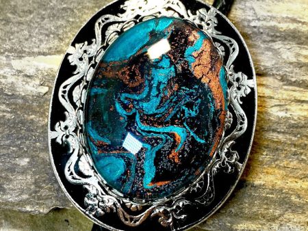 Large dressy bolo with hand painted turquoise black and copper stone For Cheap