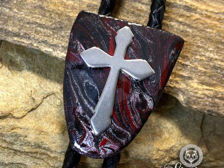 Red and black slate bolo tie w stainless steel cross Online Sale