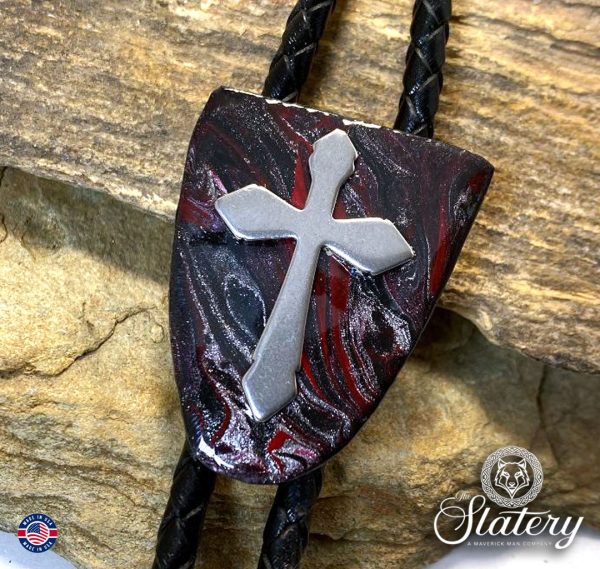 Red and black slate bolo tie w stainless steel cross Online Sale