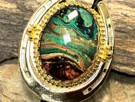 Golden Horseshoe bolo tie with hand painted stone on Sale