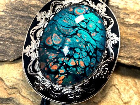 Striking turquoise and copper hand painted stone in dressy bolo Discount